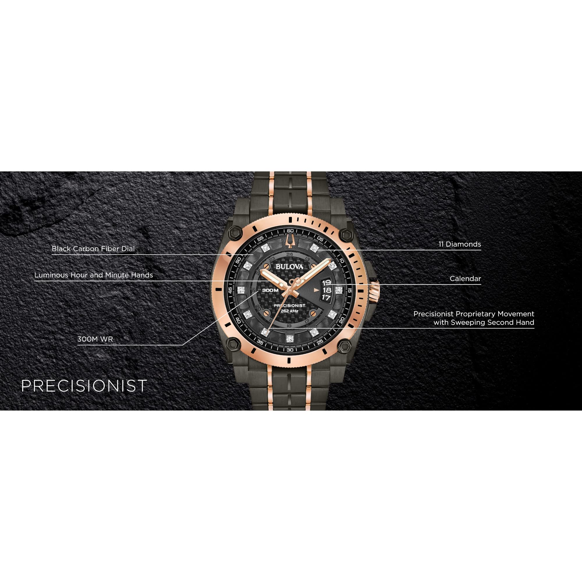 Bulova Mens High Precisionist Quartz Icon Grey IP and Rose Gold Watch, Diamonds, 300M Water Resistant Model: 98D149