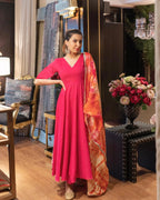 ANNI DESIGNER Womens Rayon Blend Anarkali Solid Kurta with Pant & Dupatta (Bette Pink_L_Pink_Large)