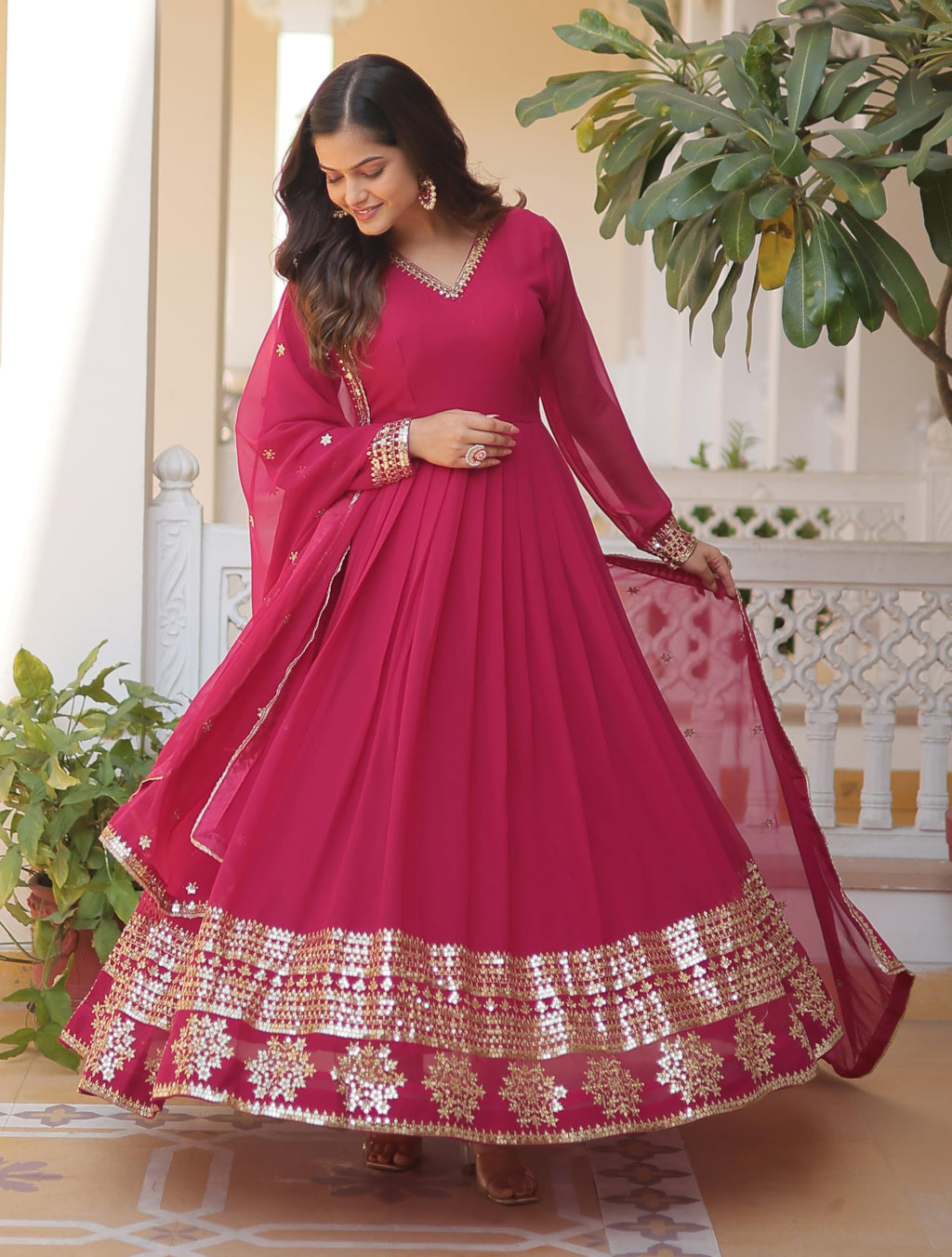 Fashion Basket Havy Georgette Embroidered Anarkali Dress For Women Pink