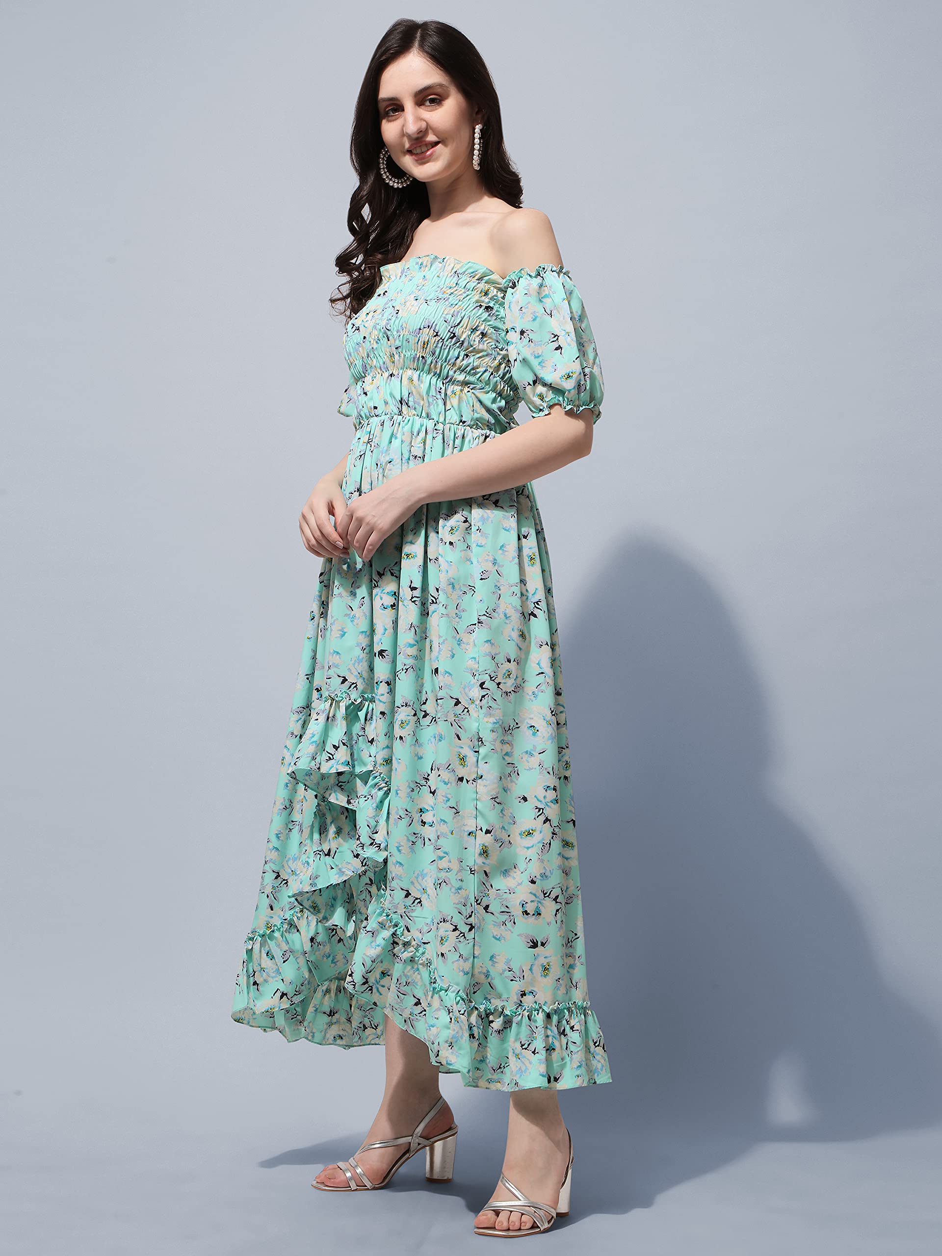 Oomph! Flared Dress For Women Stylish | Long One Piece For Women | Off Shoulder Puff Sleeve Long Dress | Floral Print Maxi One P