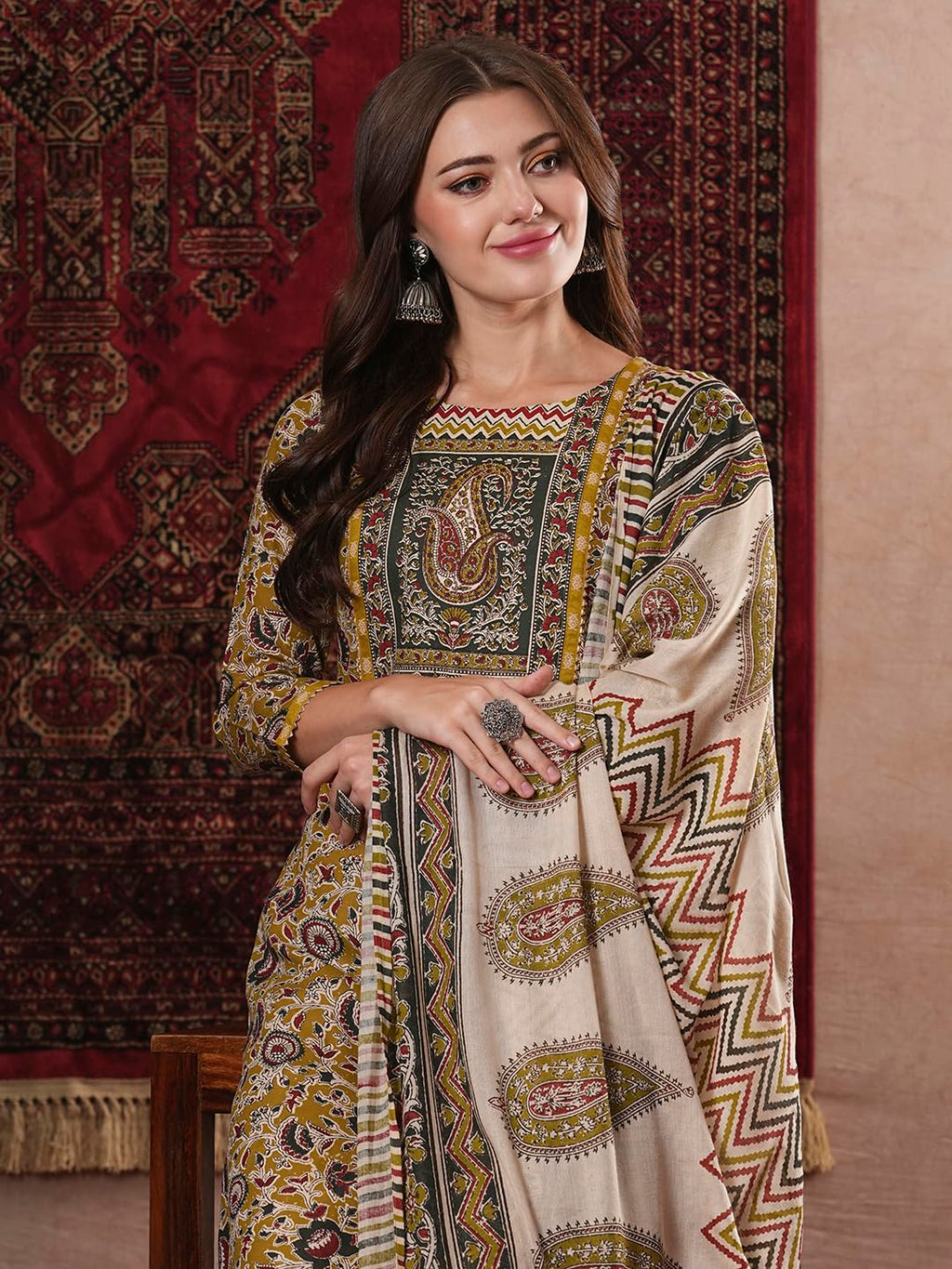 ANNI DESIGNER Ladies Cotton Blend Straight Print Cropped Trousers and Dupatta Kurta, Mustard, L