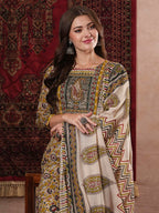 ANNI DESIGNER Ladies Cotton Blend Straight Print Cropped Trousers and Dupatta Kurta, Mustard, L