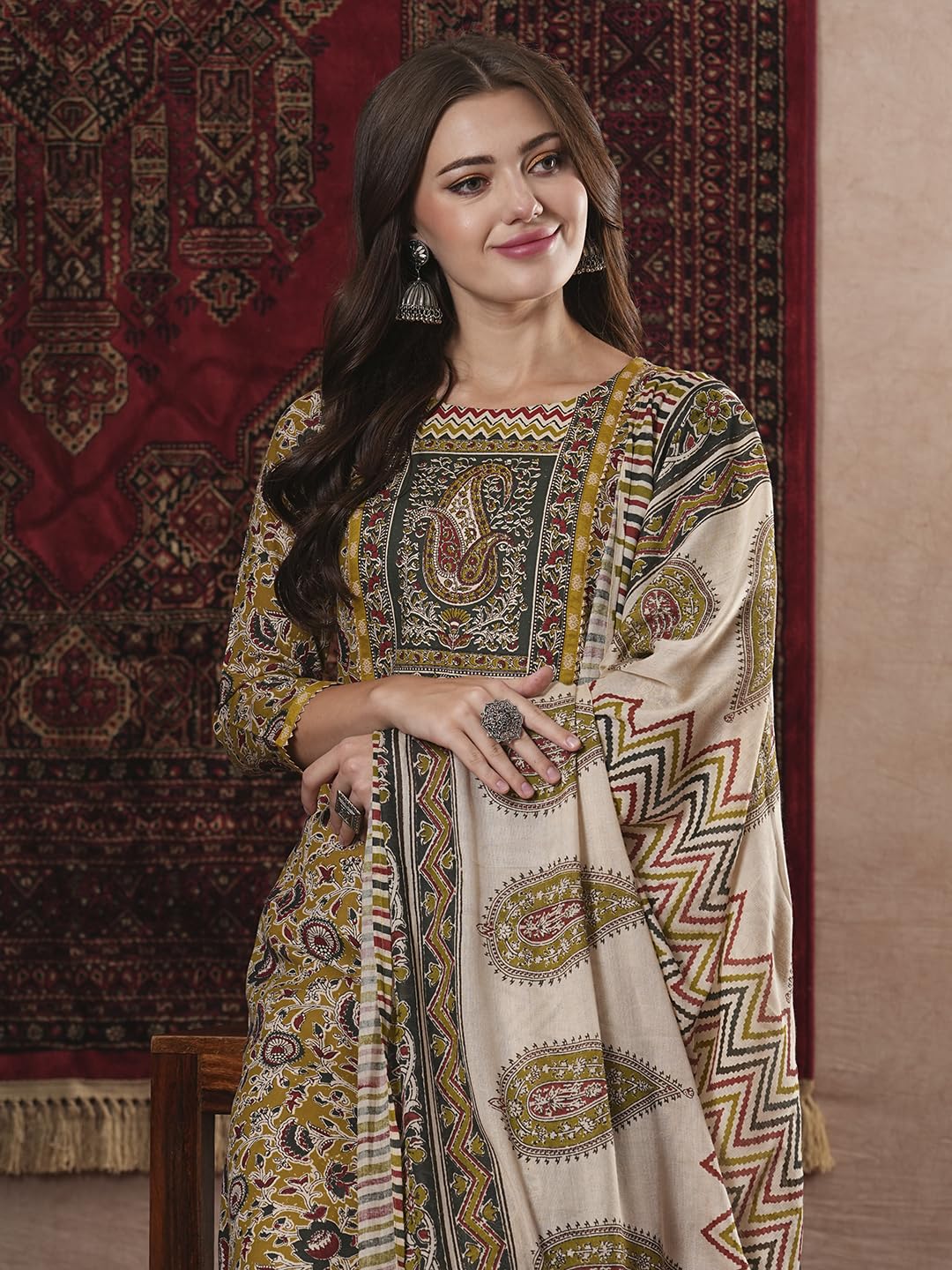 ANNI DESIGNER Ladies Cotton Blend Straight Print Cropped Trousers and Dupatta Kurta, Mustard, L