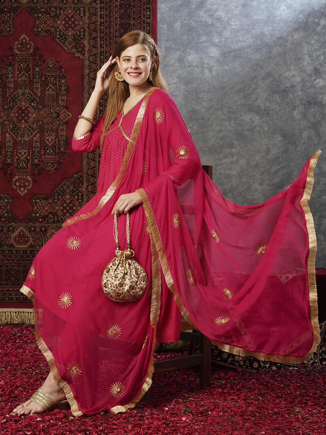 ANNI DESIGNER Ladies Cotton Blend Kurta Trousers with Dupatta Set, pink, M