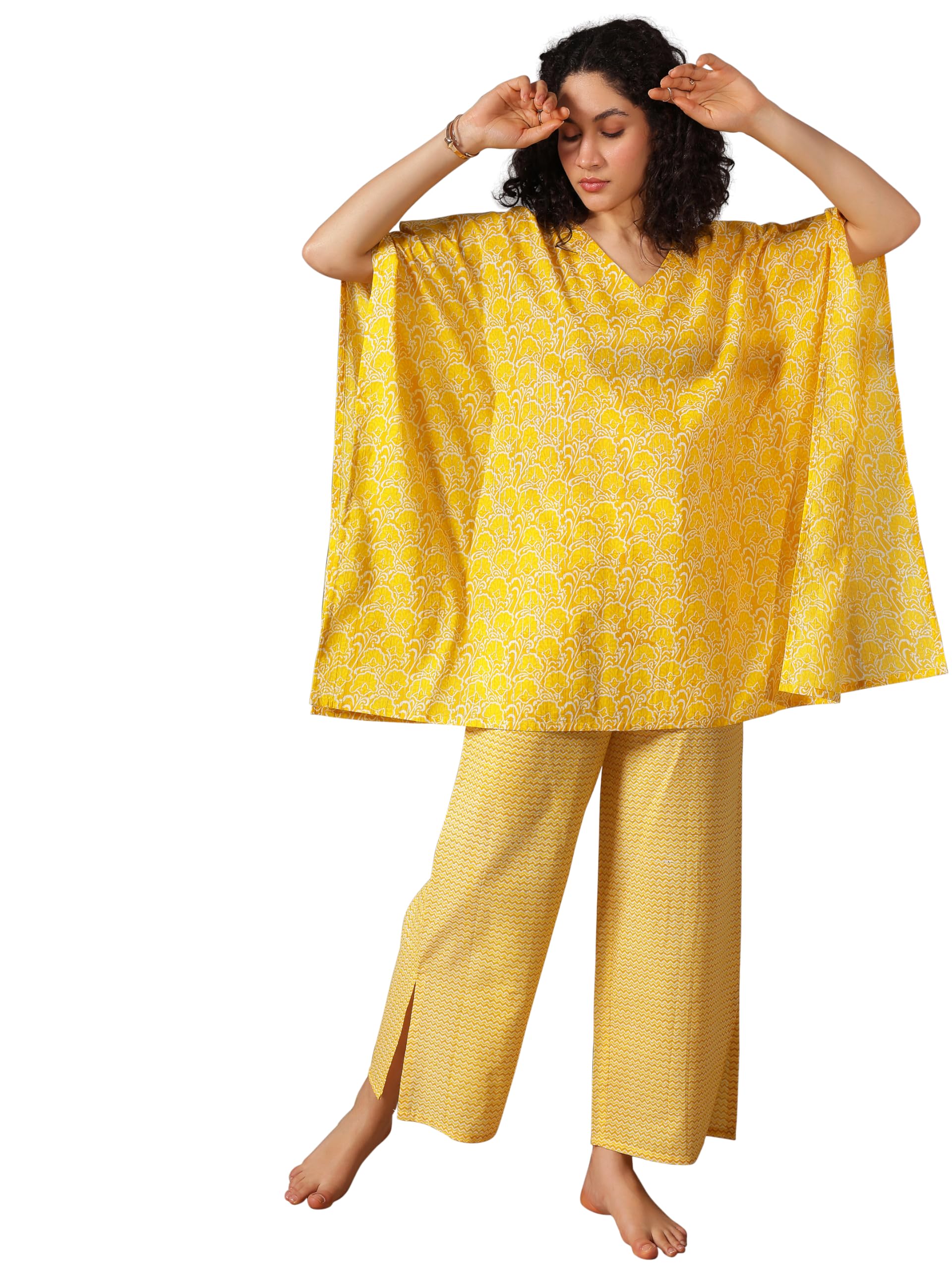 Libas Women Cotton Yellow Floral Printed Kaftan With Kimono Sleeves And Chevron Pajamas Night Suit, Xl