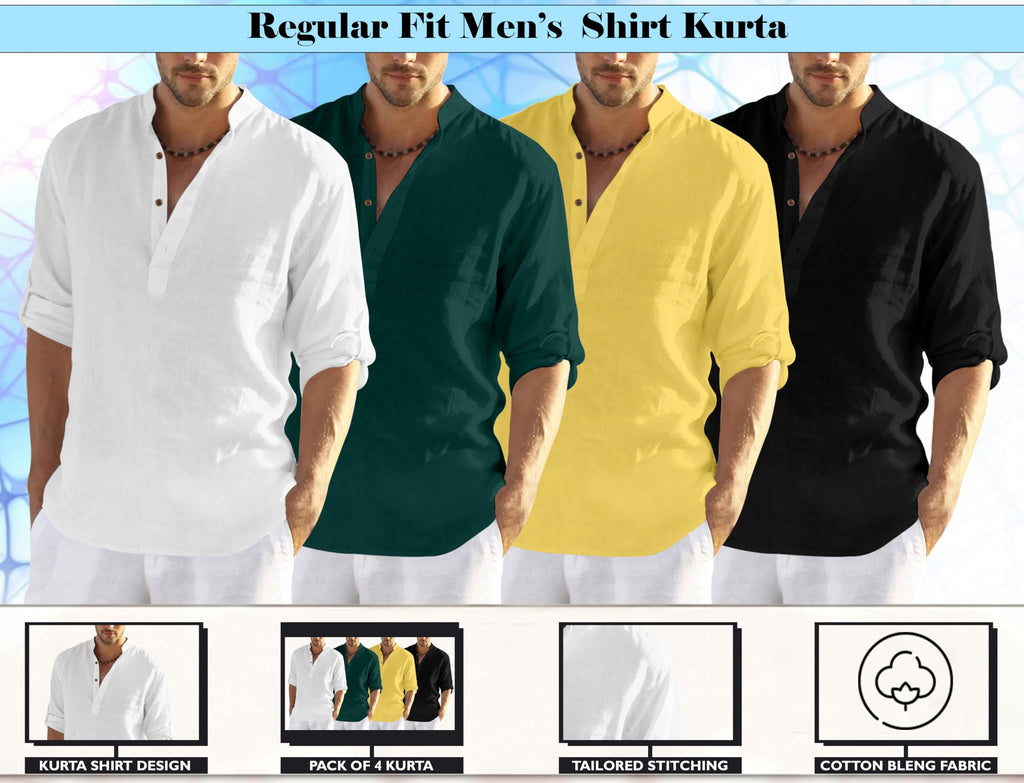 Zombom MenS Cotton Polyester Blend Solid Full Sleeve Regular Fit Kurta Shirt, Multicolor, Xxl, Combo Set Of 4