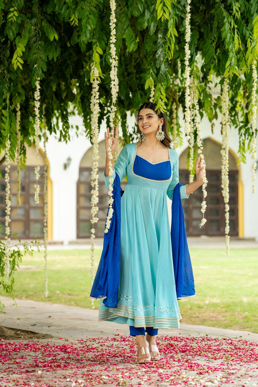 ANNI DESIGNER Anarkali Women s Plain Viscose Kurta with Trousers and Dupatta, Blue, 2XL