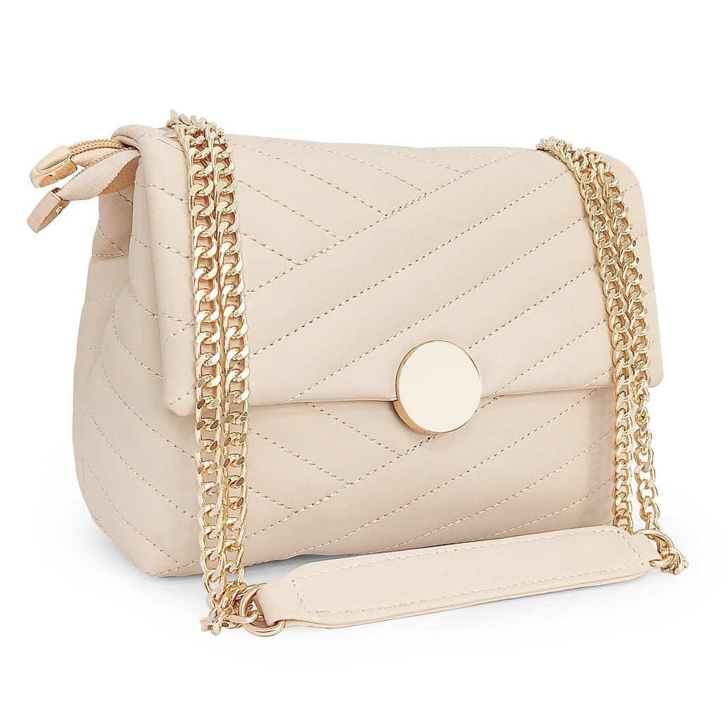 ADISA Womens Girls Quilted Cross Body Sling Bag with Gold Chain (SL5136_Off White)