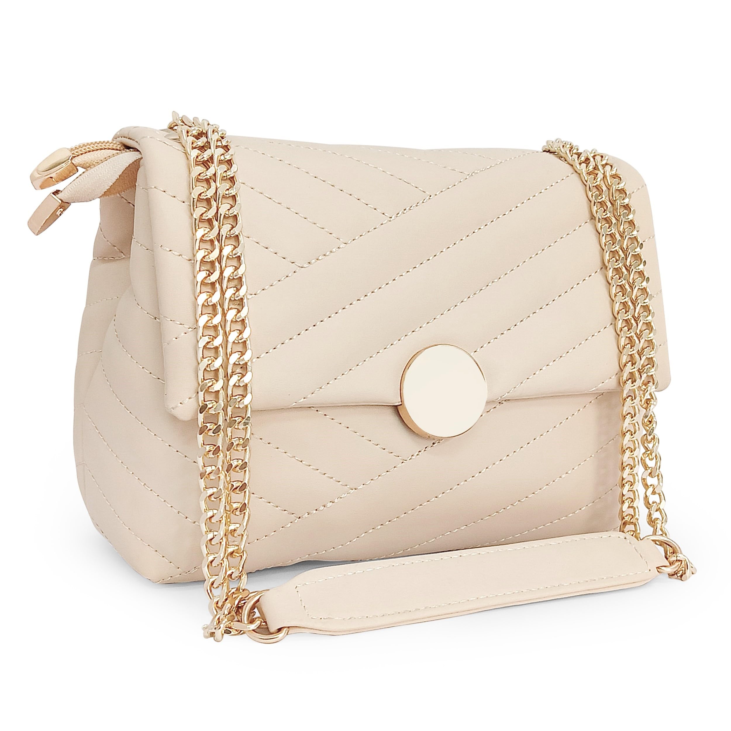 ADISA Womens Girls Quilted Cross Body Sling Bag with Gold Chain (SL5136_Off White)