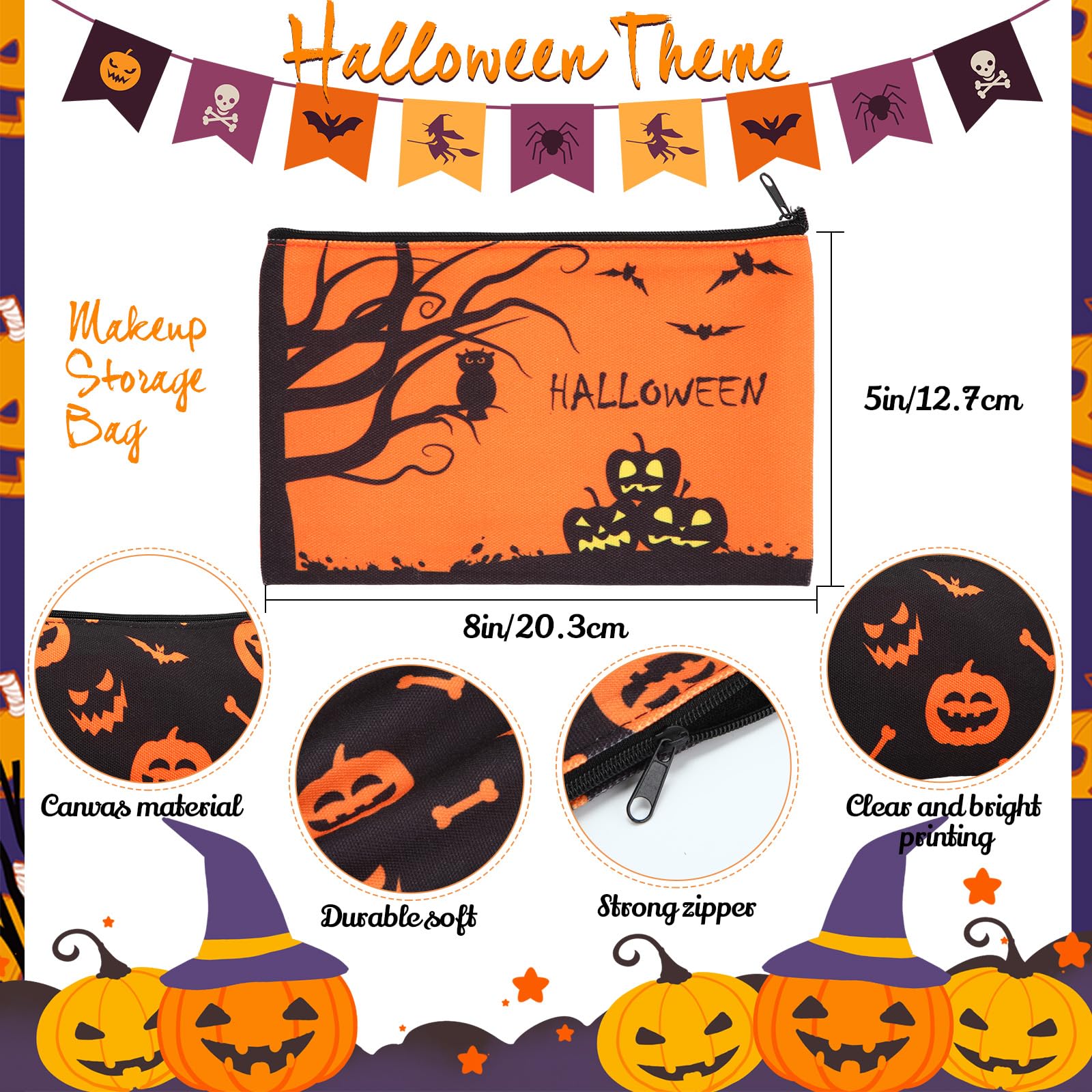 Eccliy 20 Pcs Halloween Makeup Bag Scary Ghost Bat Skull Cosmetic Bag Canvas Gifts for Girls Toiletry Pouch with Zipper for Wome