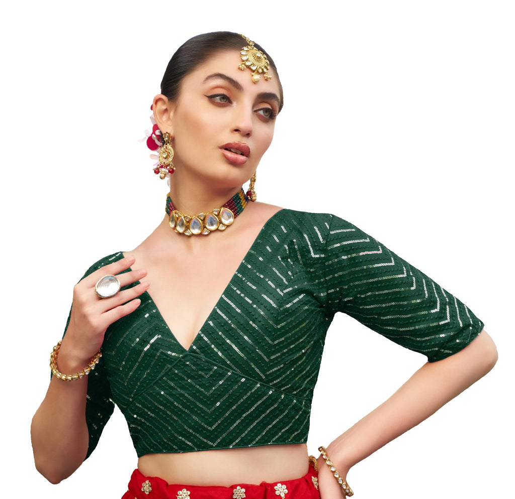 Pujia Mills Womens Fancy Readymade Half Sleeve Sequins Saree Blouse(Sequins Butti Green_38)