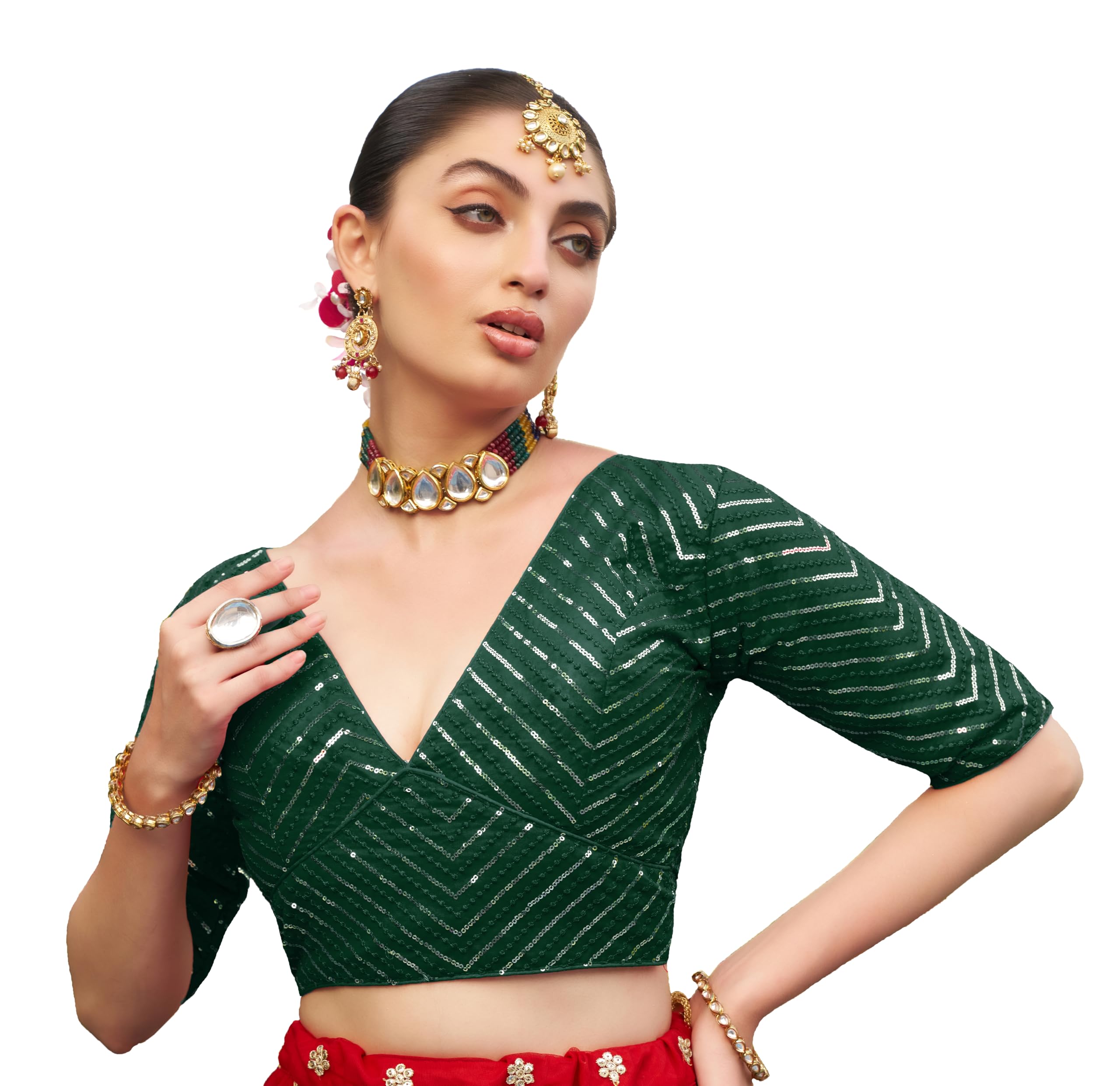 Pujia Mills Womens Fancy Readymade Half Sleeve Sequins Saree Blouse(Sequins Butti Green_38)