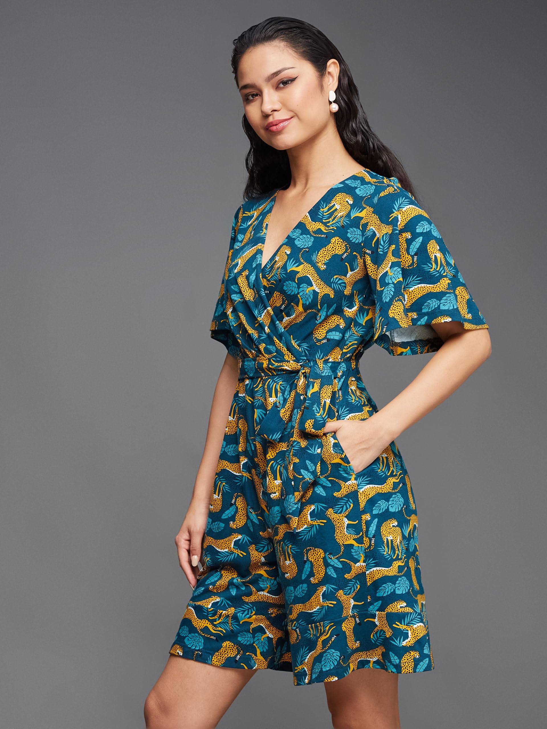 Miss Chase WomenS V-Neck Half Sleeve Animal Patterned Wrap Styled Pure Cotton Knee Long Playsuit With Pockets (Mcss24D19-12-306