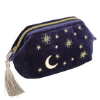 Handy cosmetic makeup bag,Navy Velvet Embroidered Applique Moon Stars Cosmetic Bag,Starry Makeup Pouch with Tassels & Pearl Zipp