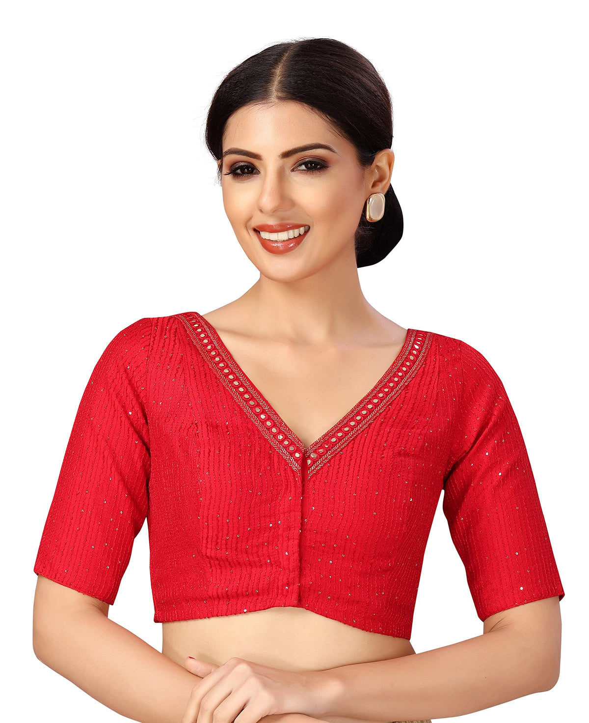 Studio Shringaar WomenS Readymade Polyester Elbow Length Sleeves Saree Blouse With Mirror Work (Red,36) 36