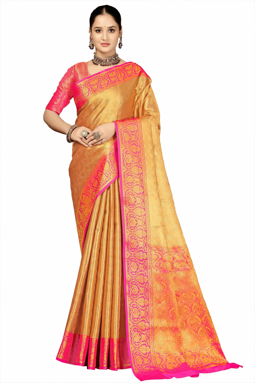 Sugathari WomenS Gold And Pink Kanjivaram Banarasi Silk Saree For Patola Festival Wedding Silk With Rich Pallu Design Sarees Fo