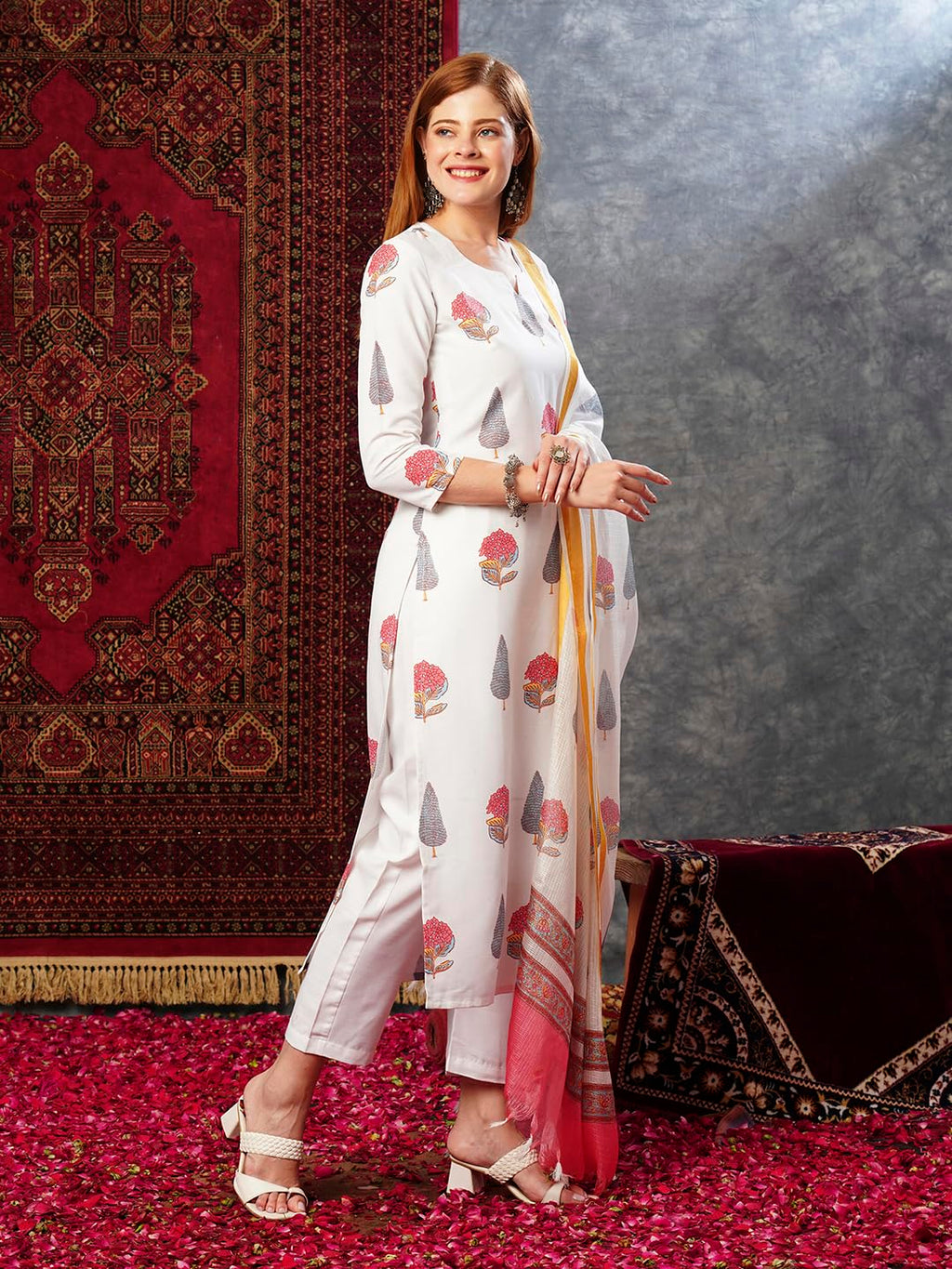 GoSriKi Women s Cotton Blend Printed Straight Kurta with Trousers and Dupatta