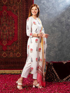 GoSriKi Women s Cotton Blend Printed Straight Kurta with Trousers and Dupatta