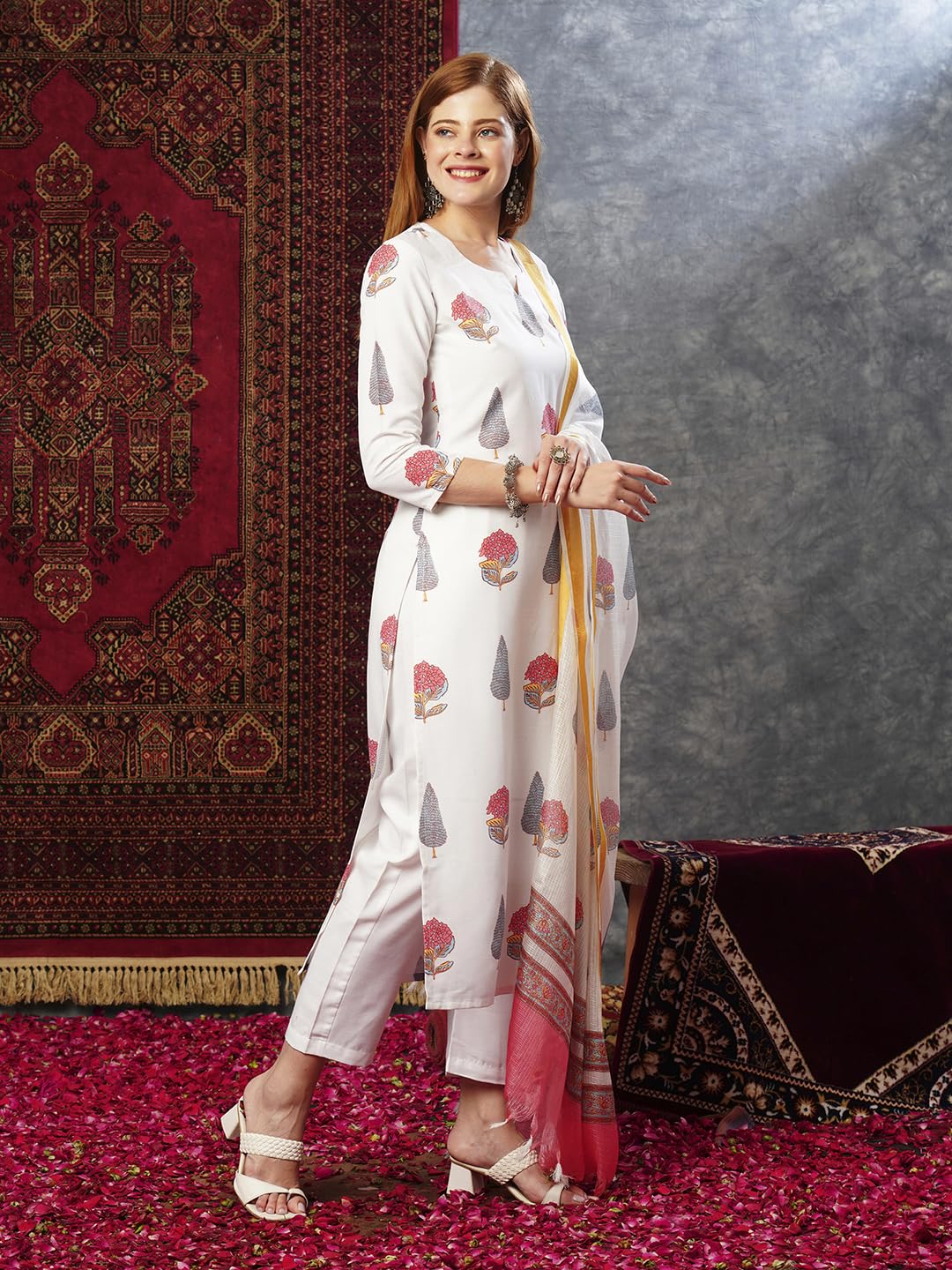GoSriKi Women s Cotton Blend Printed Straight Kurta with Trousers and Dupatta