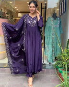 ANNI DESIGNER Womens Rayon Blend Anarkali Embroidered Kurta with Pant & Dupatta (Mine Violet_S_Violet_Small)