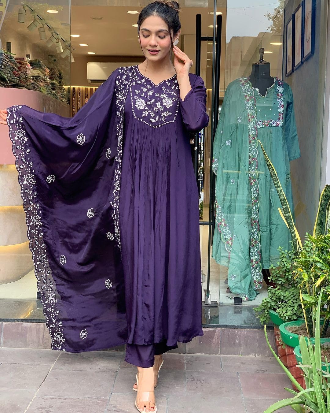 ANNI DESIGNER Womens Rayon Blend Anarkali Embroidered Kurta with Pant & Dupatta (Mine Violet_S_Violet_Small)