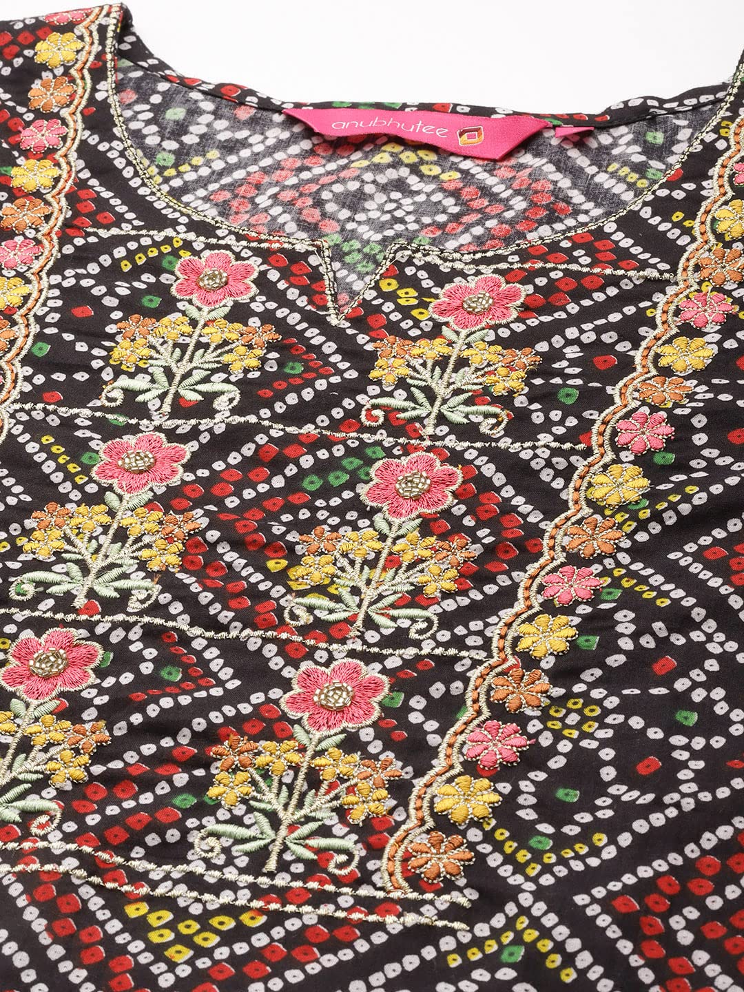 Anubhutee Women'S Cotton Bandhani Printed Straight Kurta Suit Set With Pants Abwkt2215_Bk_L_Black