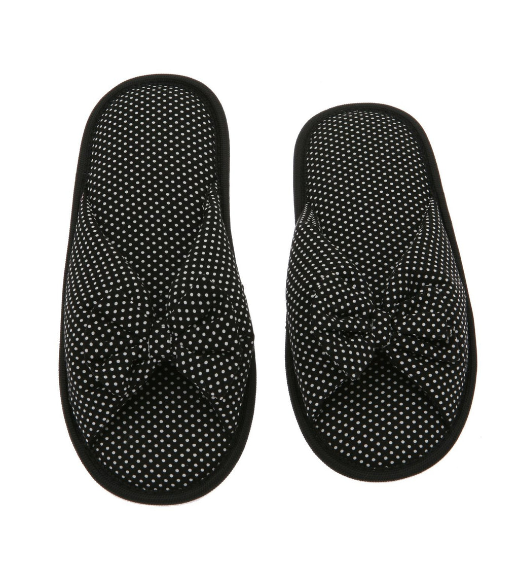 Living Health Products W5-7_blk-dot_5-6 Black Dots Printed Cotton Women Memory Foam Foot Bed Slipper with Butterfly tie -  5-6