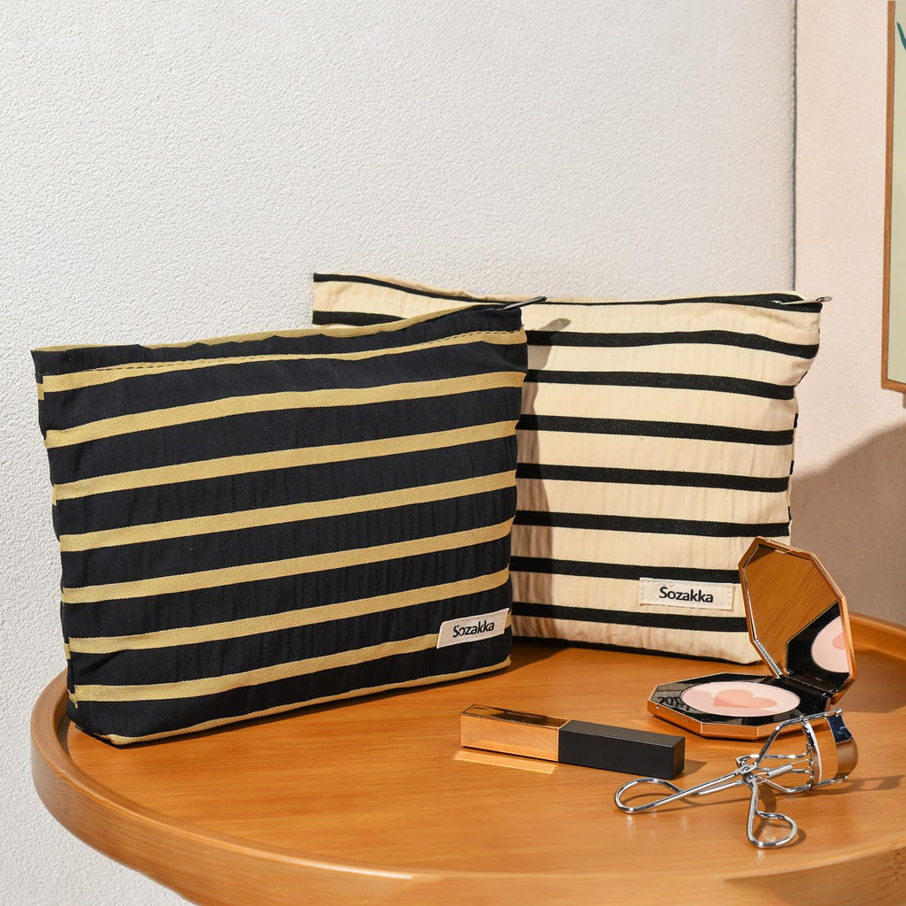 SOIDRAM 2 Pieces Makeup Bag Large Stripe Cosmetic Bag Capacity Canvas Travel Toiletry Bag Organizer Cute Makeup Brushes Aestheti