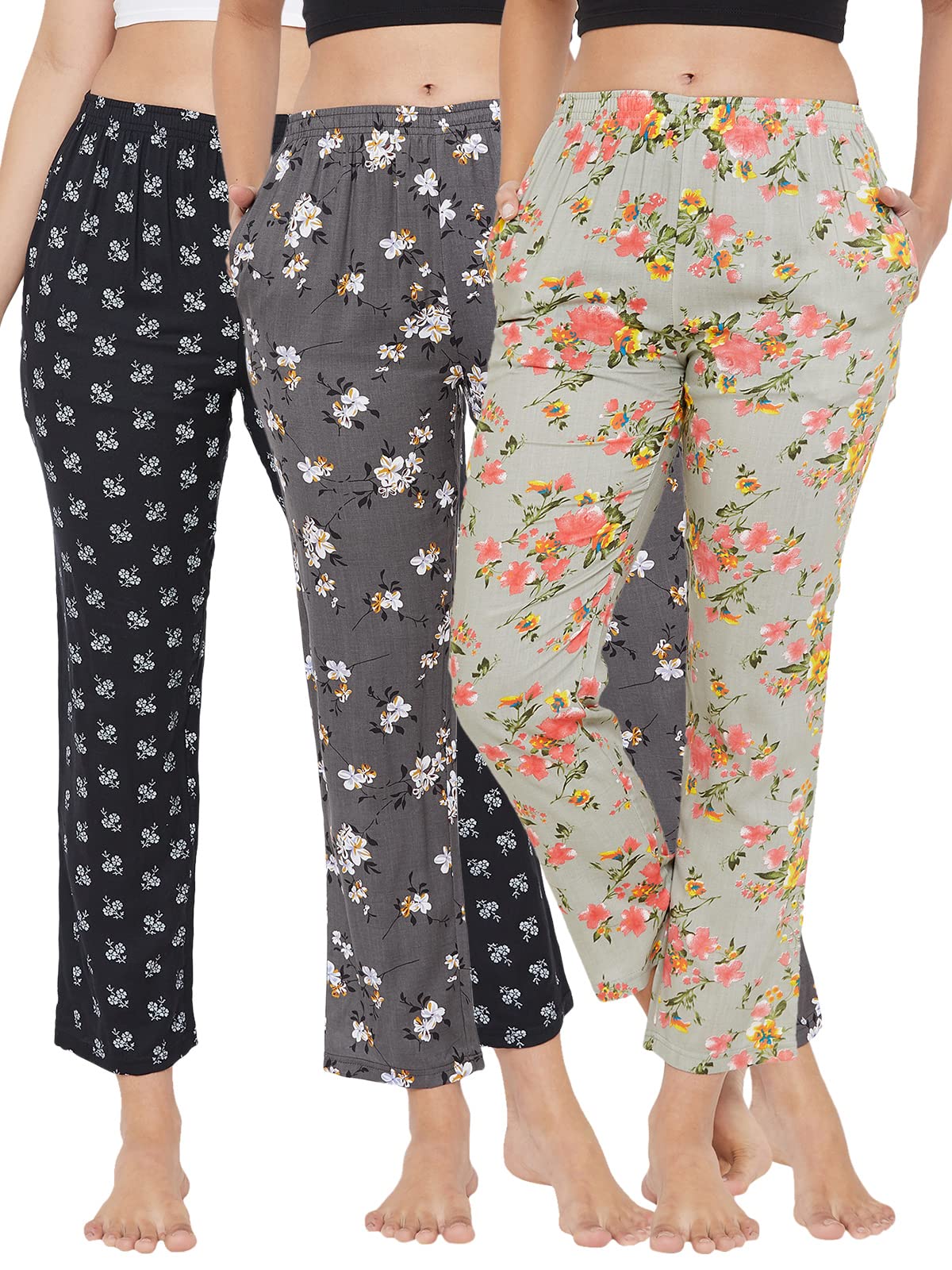 Clovia Womens Pack of 3 Rayon Prints Pyjama (COMBOLB26_Assorted_M)