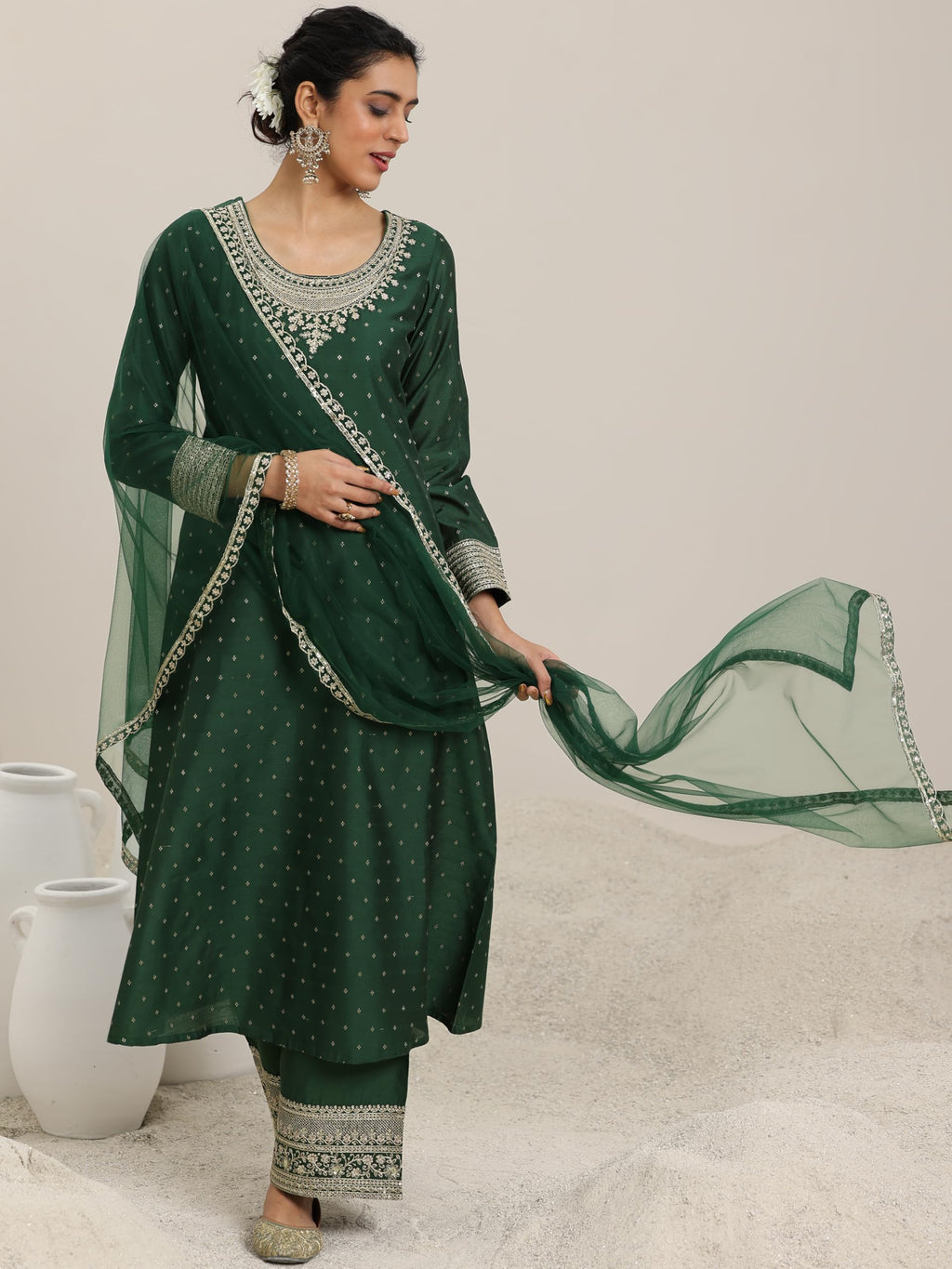 Libas Womens Chanderi Silk Kurta Set (49281_Green