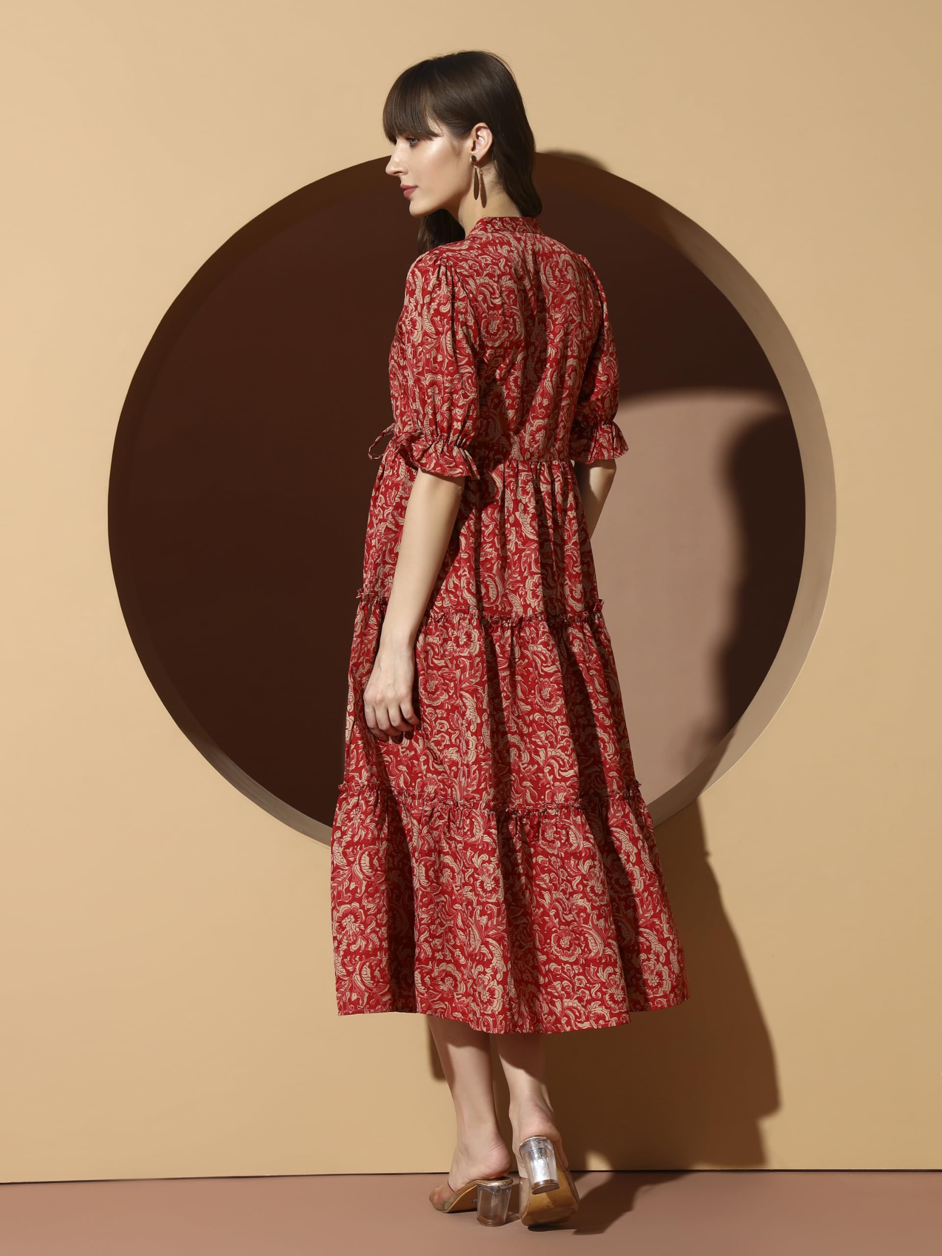 Kzully | Dress For Women | Midi Dress | Floral Printed | Polyester Fabric | Bell Sleeve Ethnic A-Line | Tiered Fit & Flare | Cas