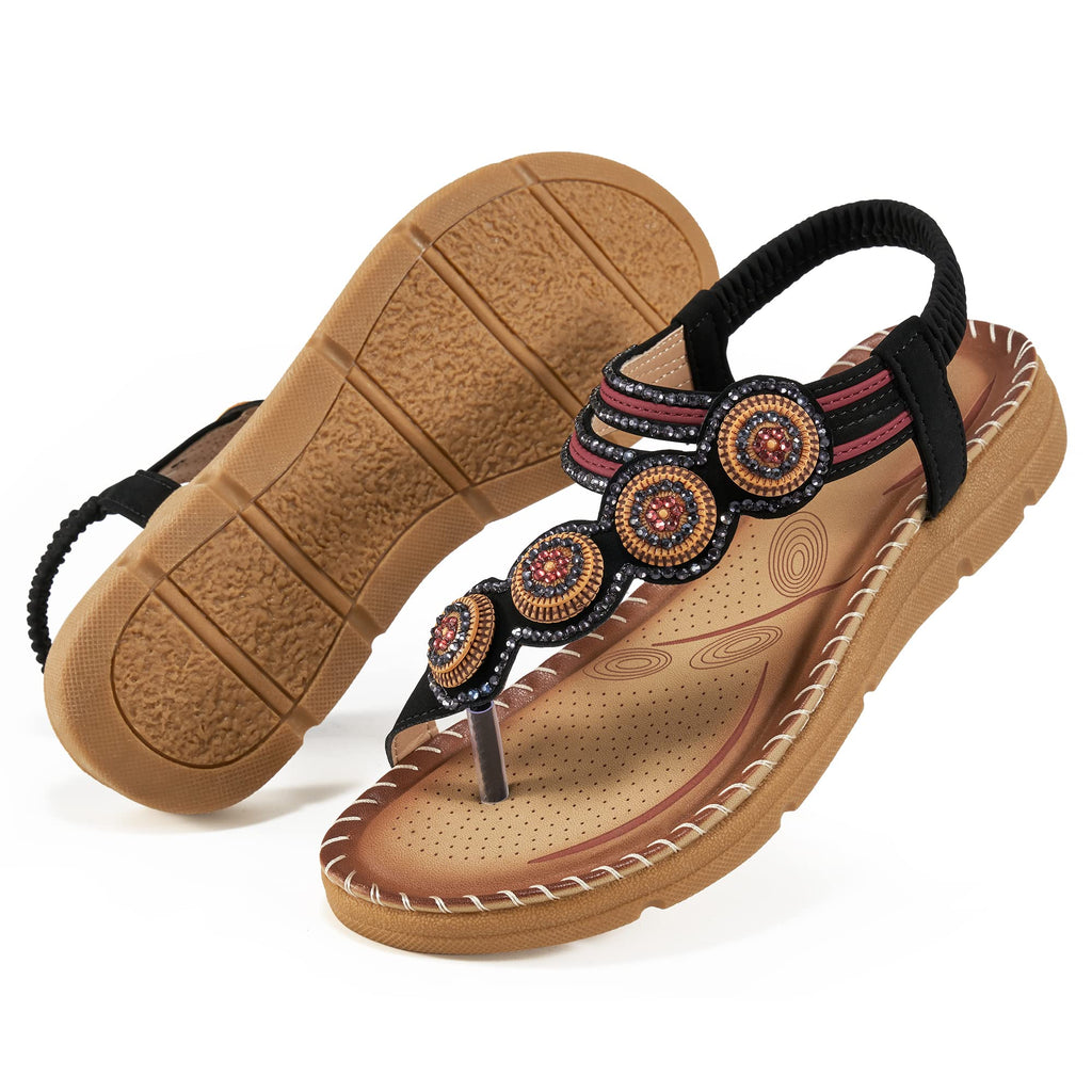 HARENCE Women's Summer Sandals Casual Comfortable Flip Flops Beach Shoes Ankle T-Strap Thong Elastic Flat Sandals for Women