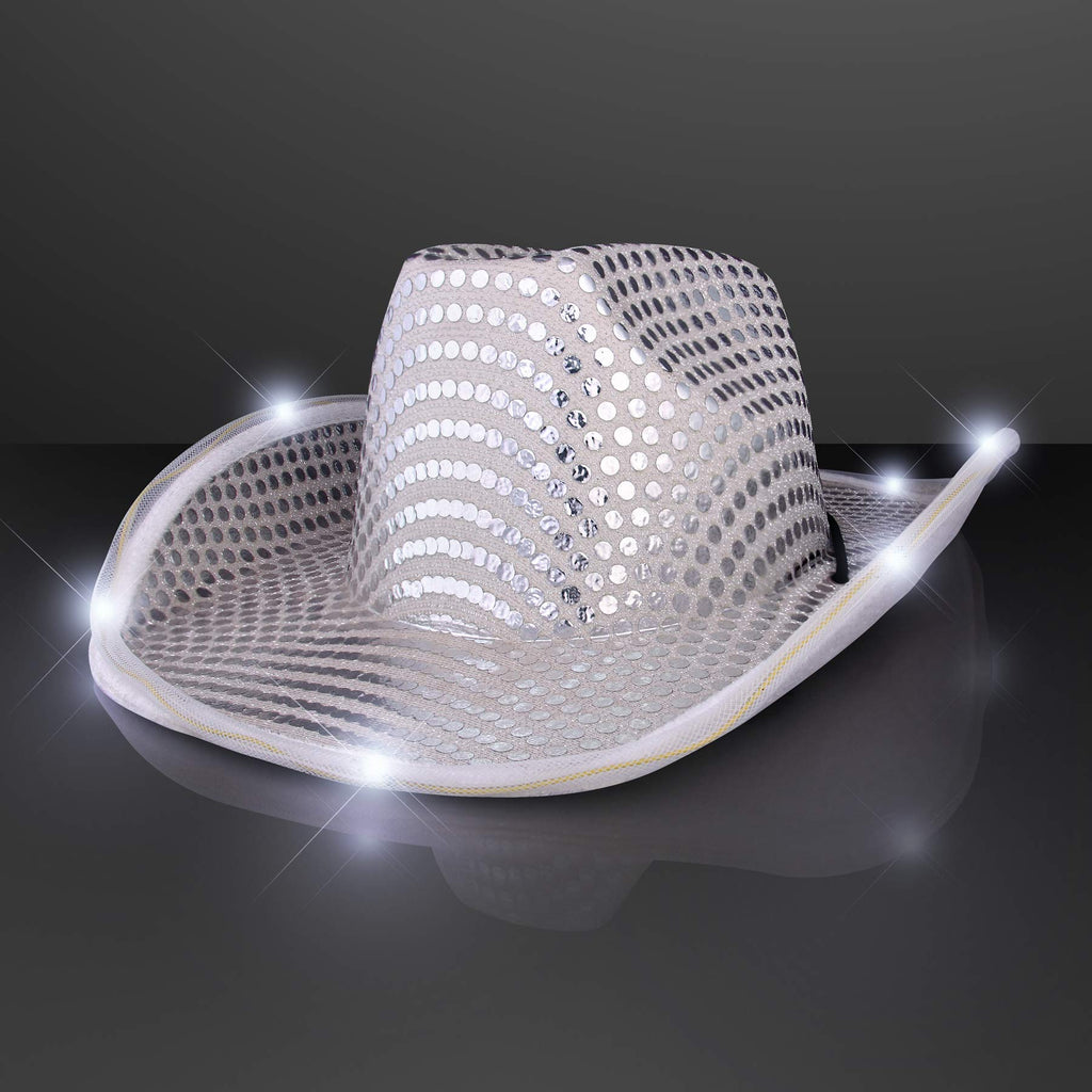 FlashingBlinkyLights Silver Sequin Light Up LED Cowboy Hat