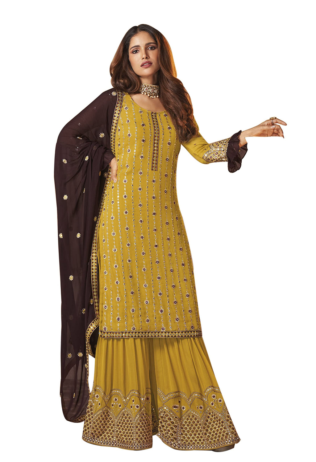 Fashion Basket Women'S Georgette Yellow Kurta With Sharara And Dupatta Set