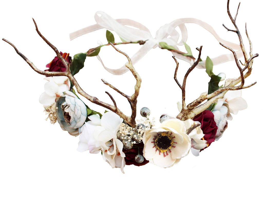 Deer Flower Crown Boho Flower Headband Hair Wreath Floral Headpiece Halo with Ribbon Wedding Party Festival Photos by Vivivalue