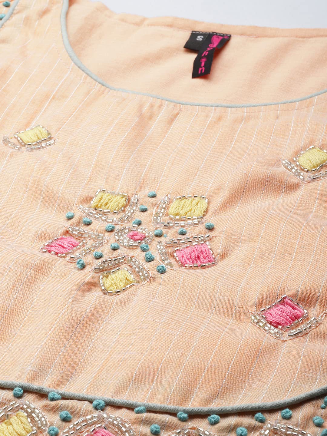 Ishin Women'S Peach Embellished A-Line Kurta Set With Trouser And Dupatta