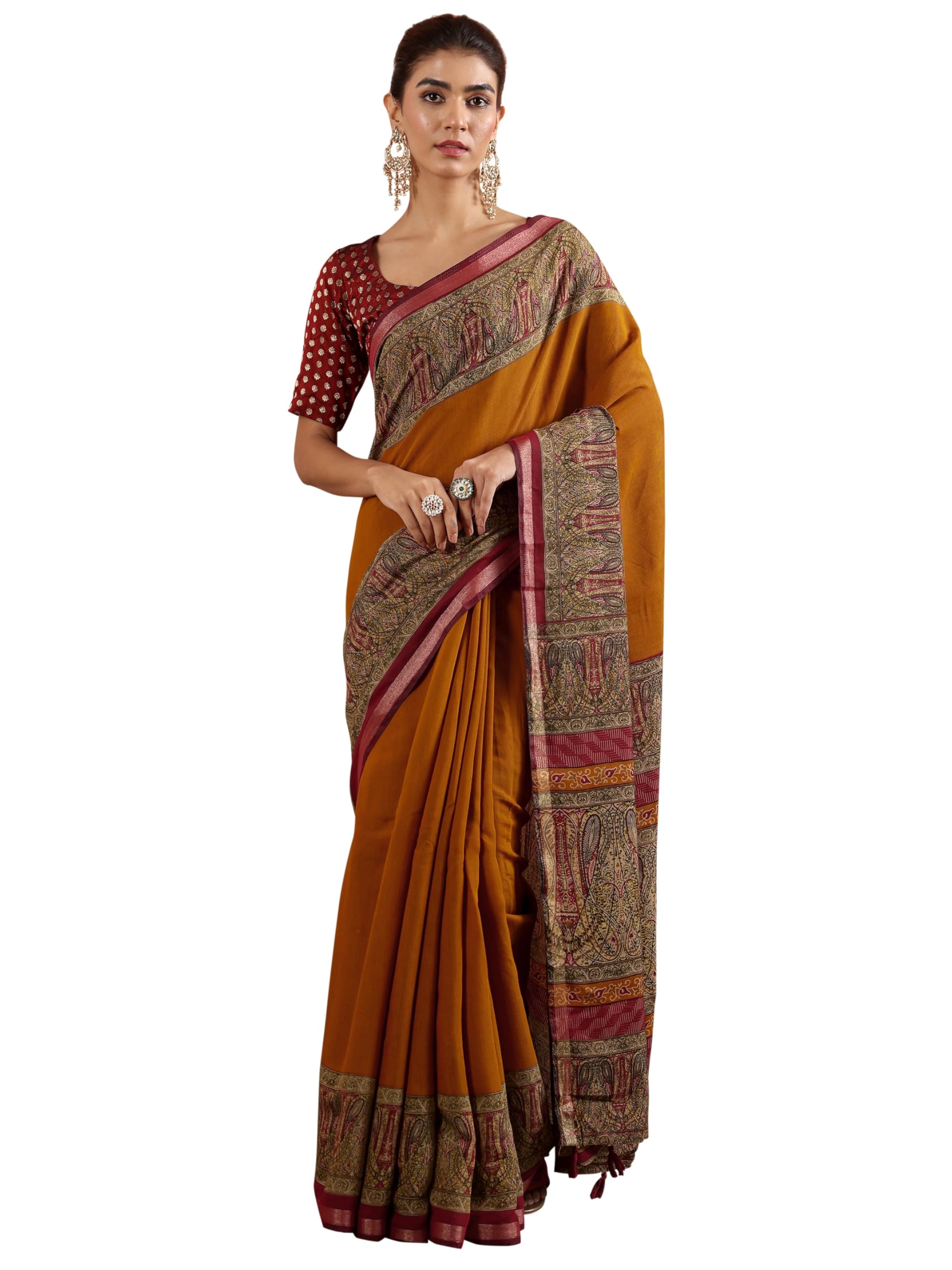 Libas Womens Cotton Blend Solid Saree With Blouse Piece, Brown
