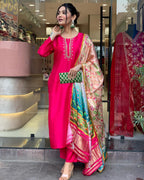 ANNI DESIGNER Womens Rayon Blend Embroidered Straight Kurta with Pant & Dupatta (OCB Pink_L_Pink_Large)