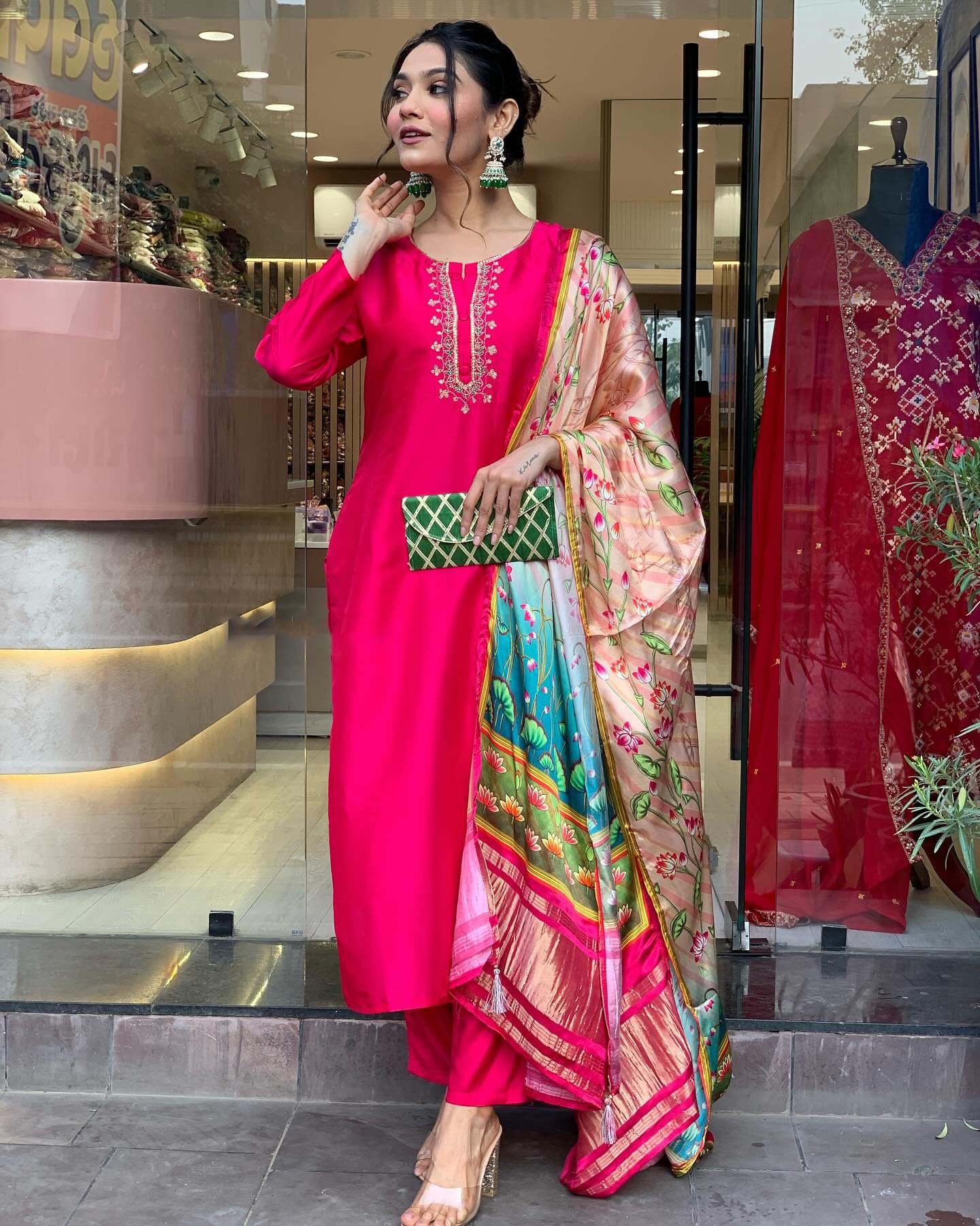 ANNI DESIGNER Womens Rayon Blend Embroidered Straight Kurta with Pant & Dupatta (OCB Pink_M_Pink_Medium)
