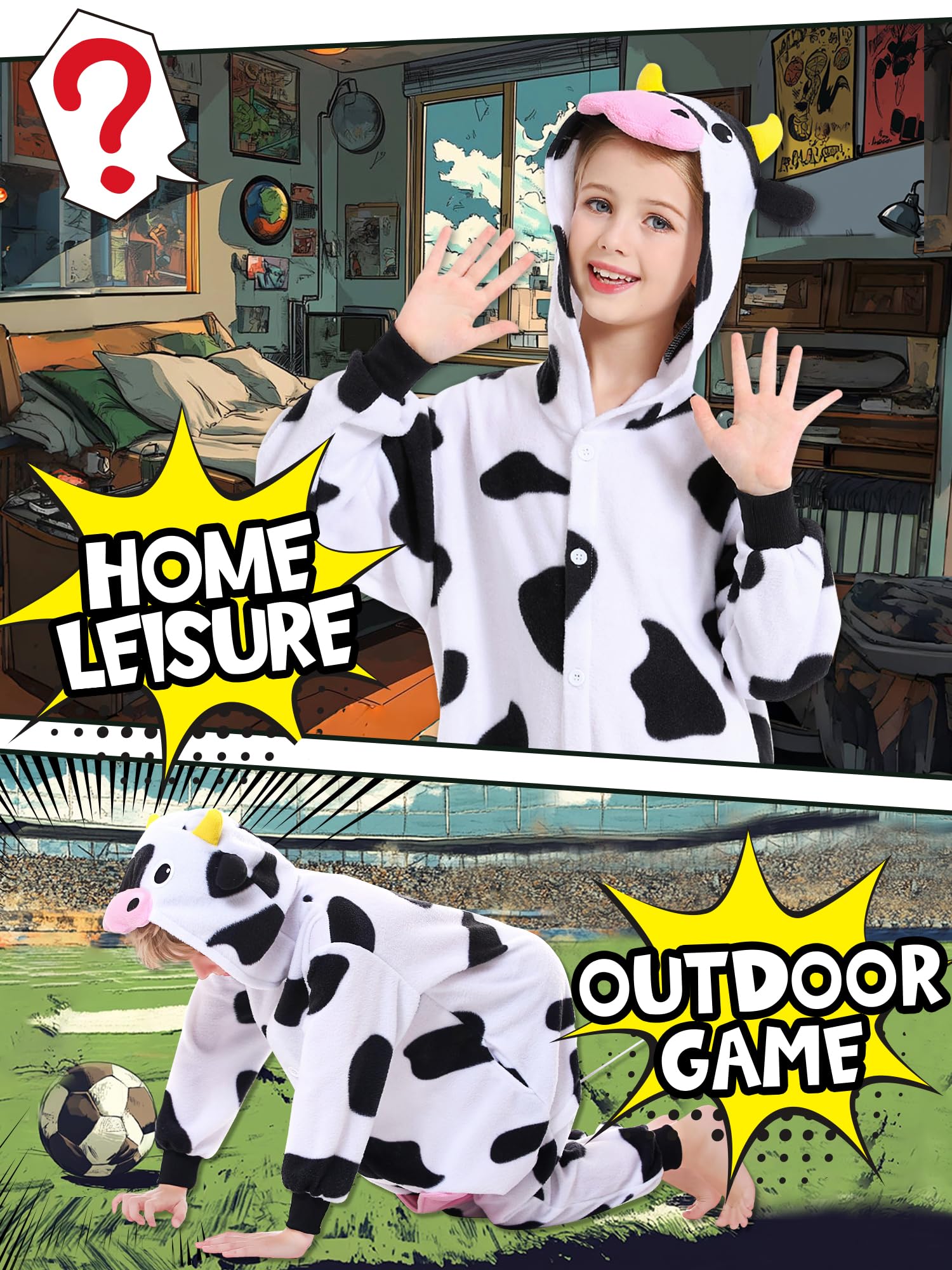 CANASOUR Cow Onesie Kids Halloween Cosplay Costume Girls One Piece Pjs Anime Unisex Hoodie Pajamas For 10-12 Years Boys Party Py