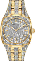 Bulova Men's Crystals Phantom Gold Tone Stainless Steel 3-Hand Quartz Watch, Cushion Shape Dial and Curved Mineral Crystal Style