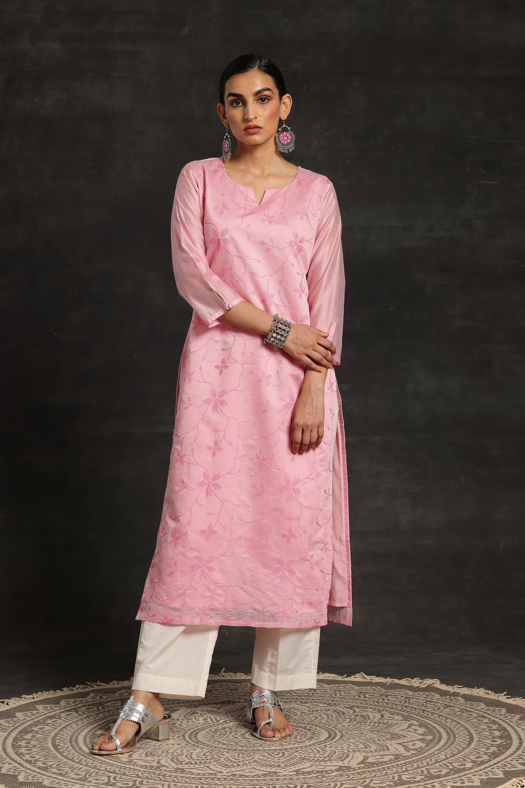 Libas Pink Printed Silk Straight Kurta