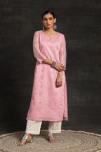 Libas Pink Printed Silk Straight Kurta