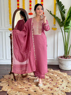 Naixa Womens Chanderi Viscose Embroidered Straight Kurta with Pant and Dupatta Sets