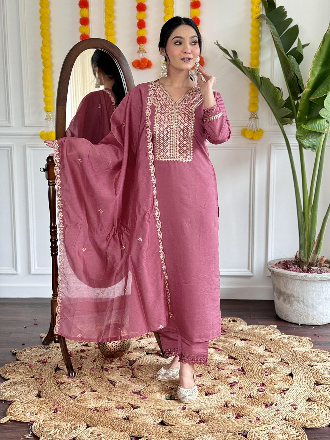 Naixa Womens Chanderi Viscose Embroidered Straight Kurta with Pant and Dupatta Sets