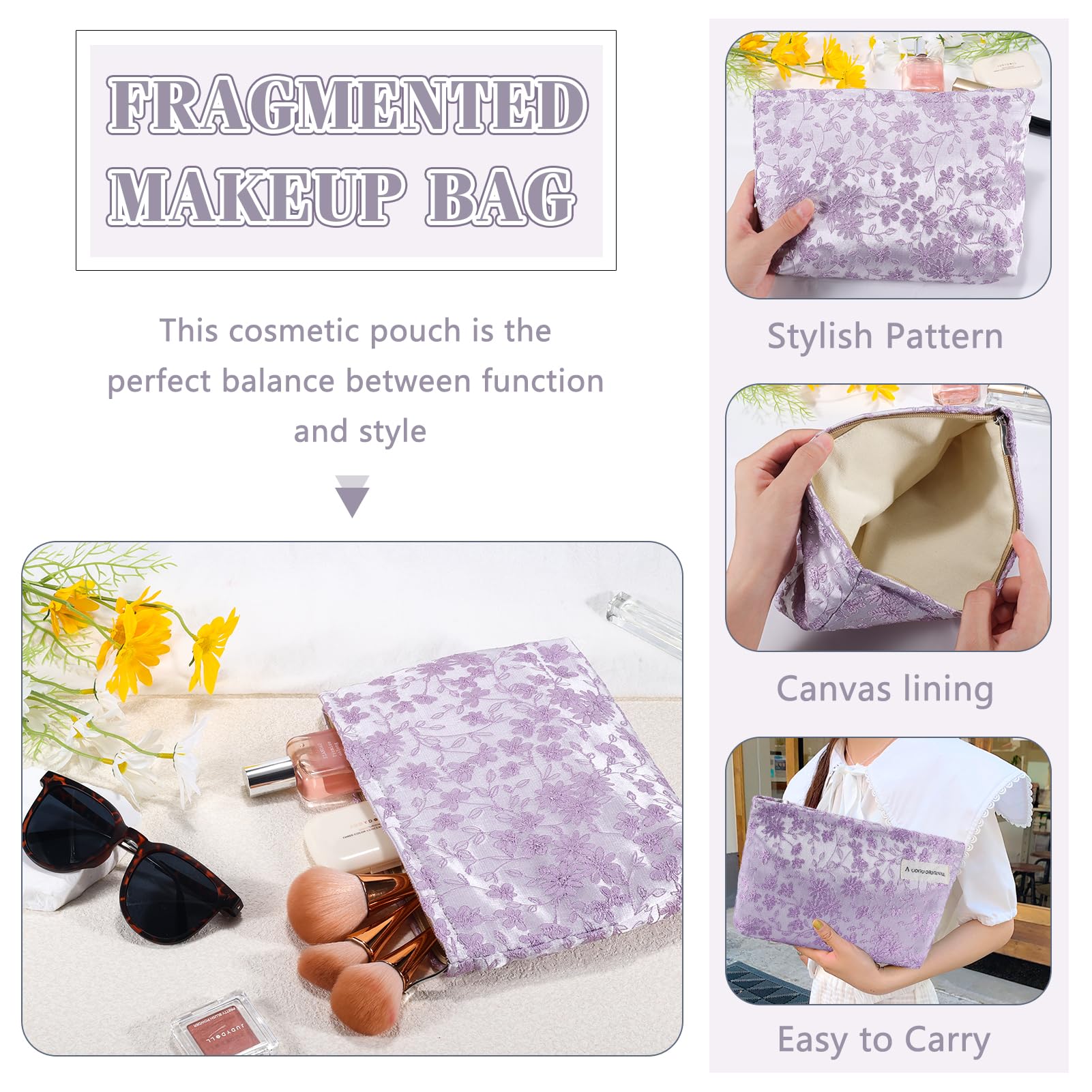 ZLFSRQ Daisy Flower Makeup Bag Travel Cute Floral Cosmetic Bags for Women Large Makeup Pouch Zipper Cosmetic Pouch for Purse Aes