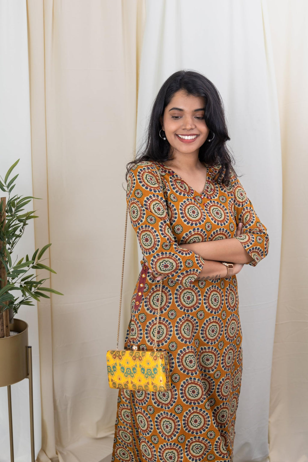 ANNI DESIGNER Womens Rayon Blend Straight Printed Kurta with Palazzo (Jones Mustard_S_Mustard_Small)