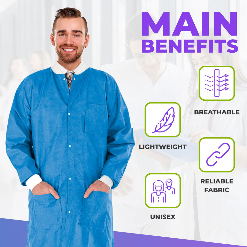 AMZ Medical Supply Disposable Lab coat Pack of 100 Blue Disposable gowns 4X-Large 40 gsm SMS Surgical gowns with Knit Wrists, Kn