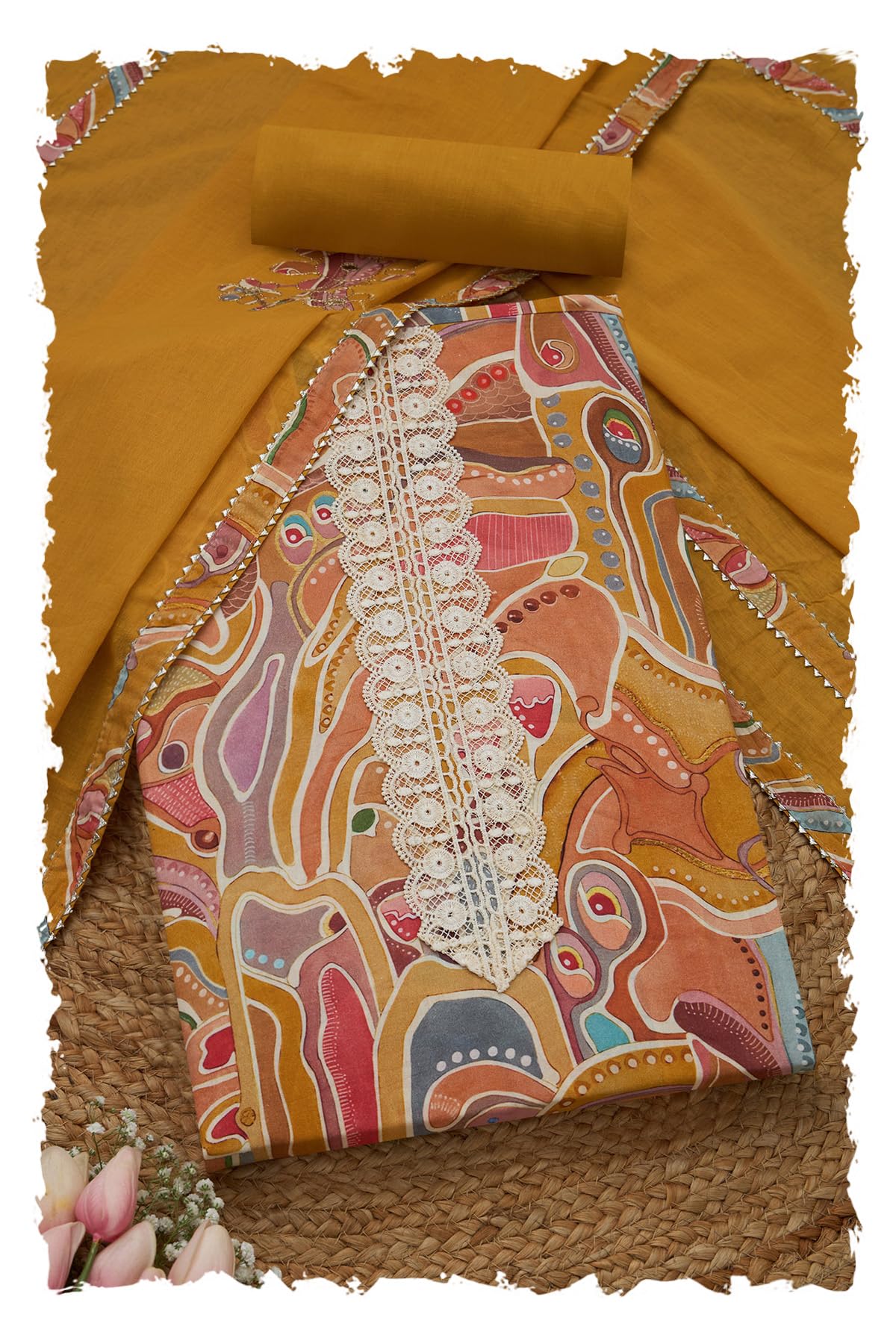 Soch Women Cotton Abstract Print Unstitched Dress Material with Lace