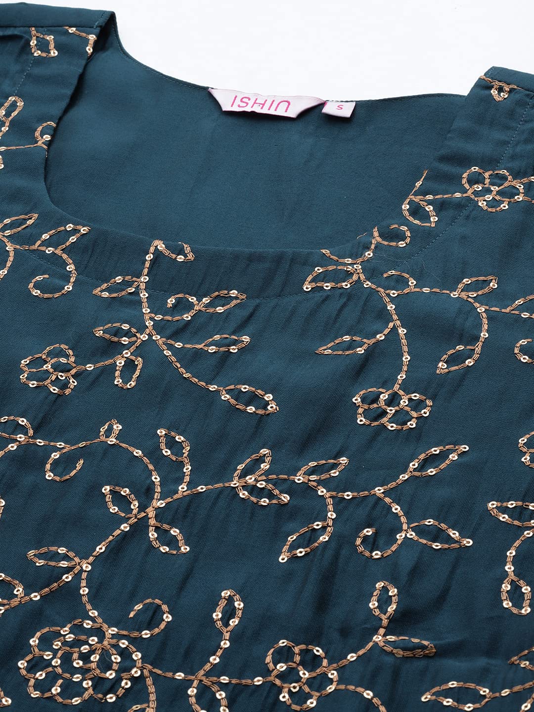 Ishin Women'S Mint Embellished With Sequins Silk Straight Kurta Suit Set With Trousers